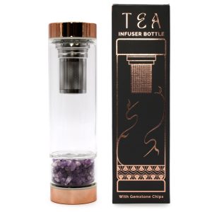 Bouteille infuseur à thé en verre avec bouchon or rose et pierres d'améthyste naturelles, avec son emballage - Lumen Arca