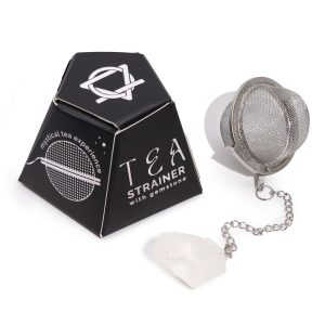Passoire à thé en acier inoxydable avec pierre de quartz de roche brute suspendue, avec son coffret pyramidal - Lumen Arca