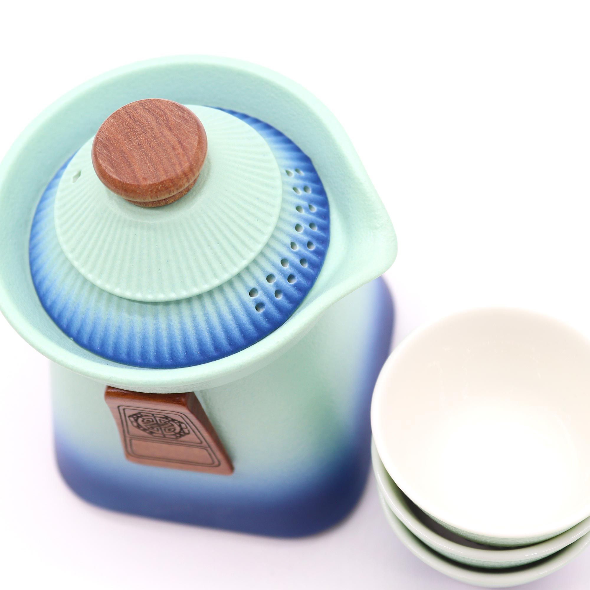 Service à Thé Pagode en Céramique, Ciel Bleu – Théière et 3 Tasses – Image 2