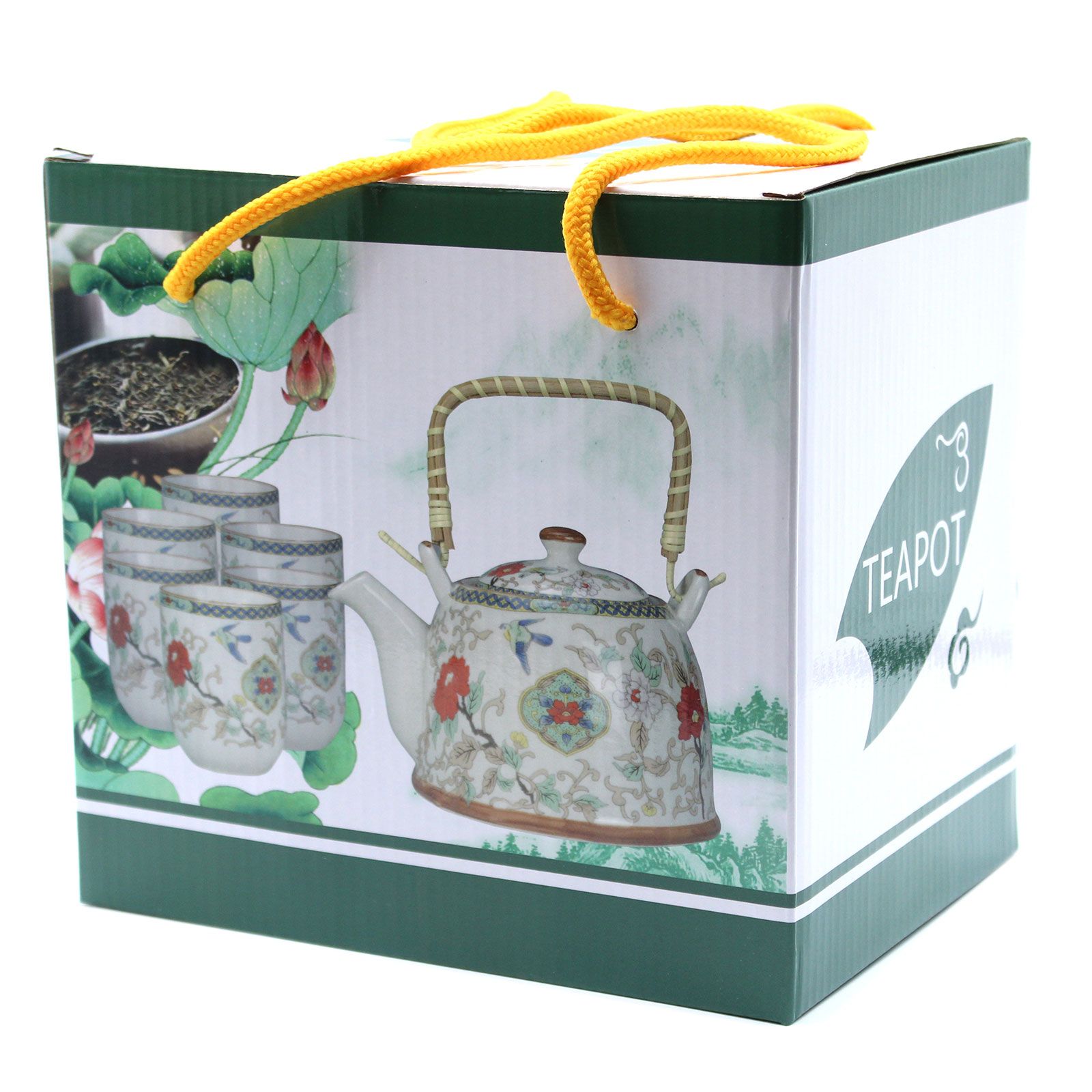 Service à Thé en Céramique Blanche, Motif Bambou – Théière et 6 Tasses – Image 4