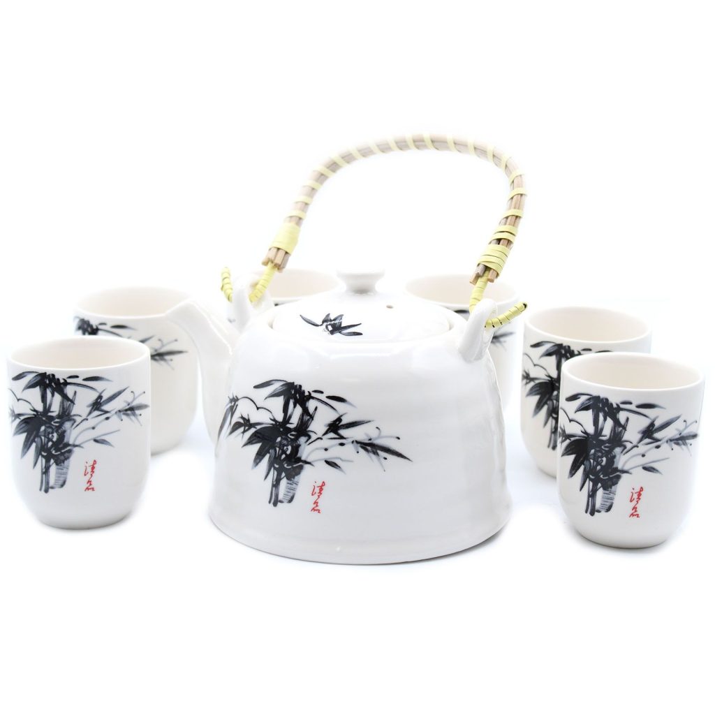 Service à thé en céramique blanche, motif bambou, théière et six tasses