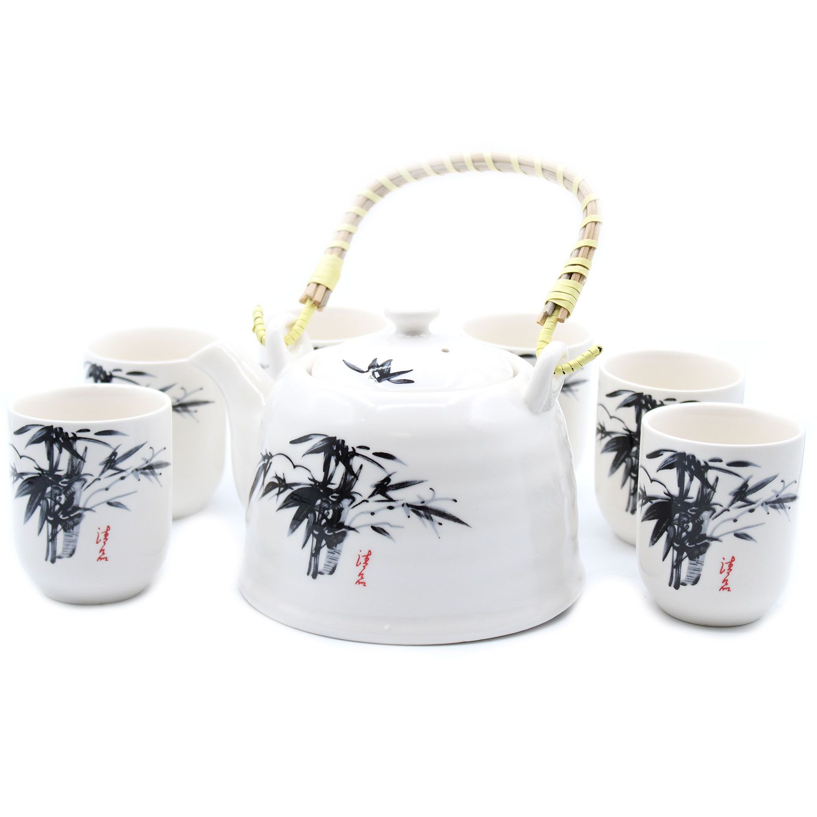 Service à thé en céramique blanche, motif bambou, théière et six tasses