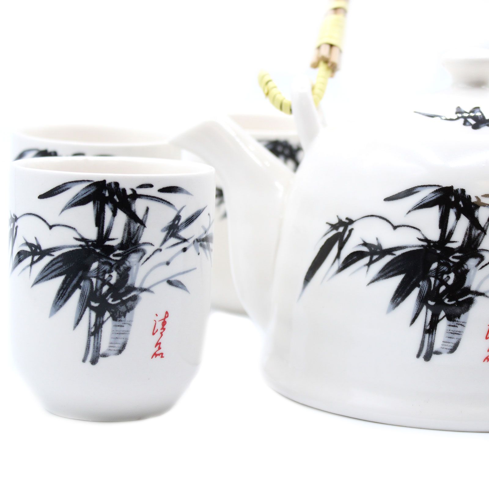 Service à Thé en Céramique Blanche, Motif Bambou – Théière et 6 Tasses – Image 2