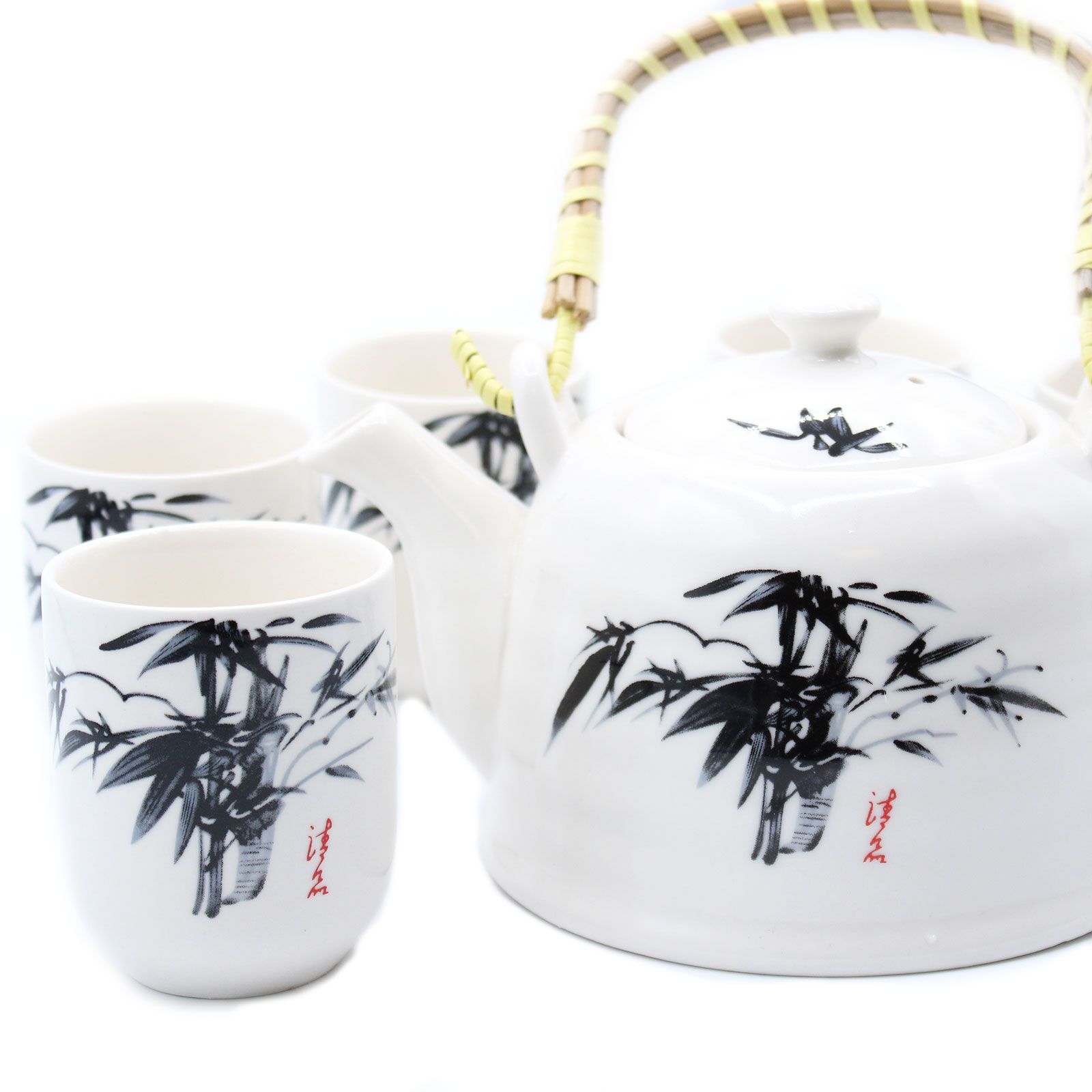 Service à Thé en Céramique Blanche, Motif Bambou – Théière et 6 Tasses – Image 3