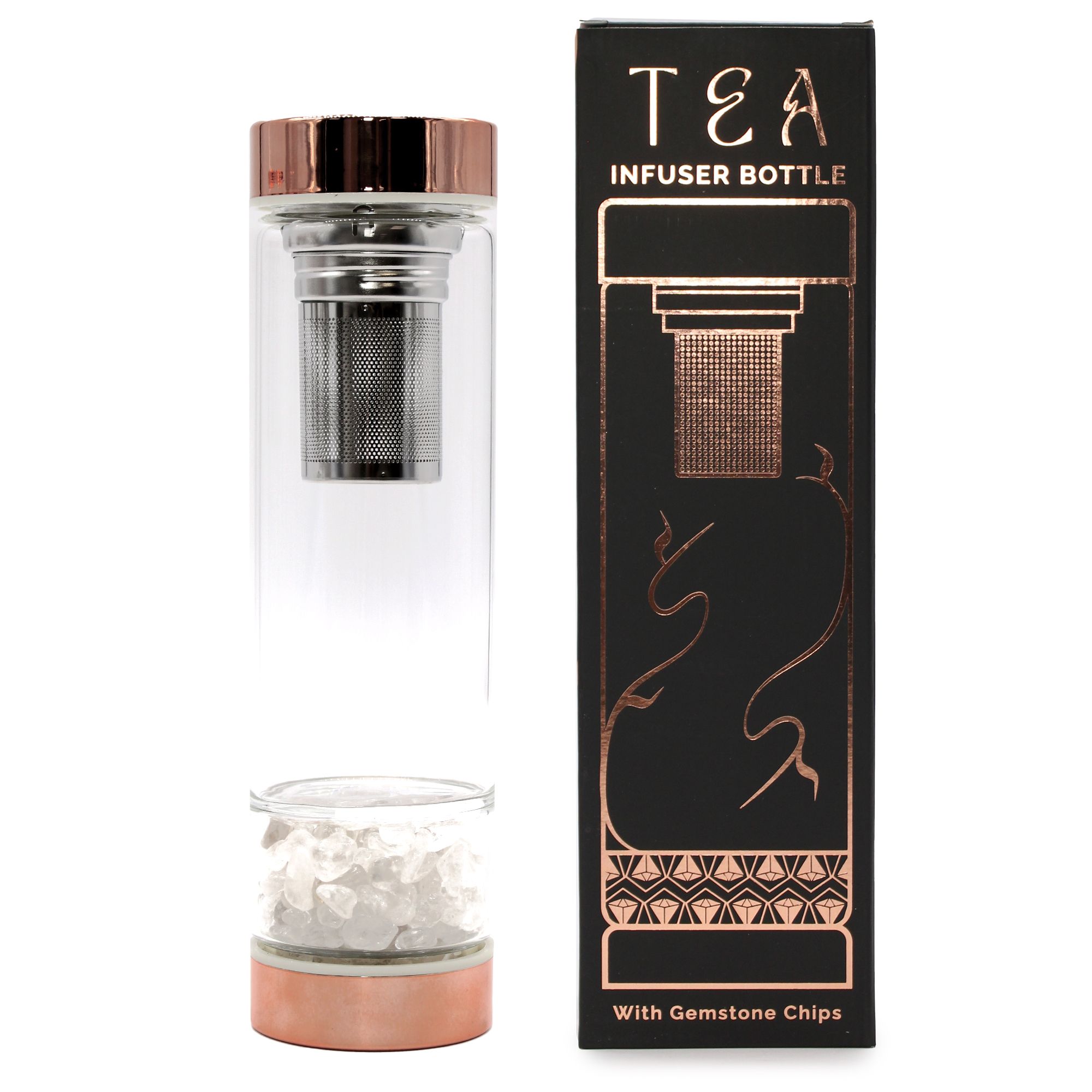 Bouteille infuseur à thé en verre avec bouchon or rose et pierres de quartz de roche, avec son emballage - Lumen Arca