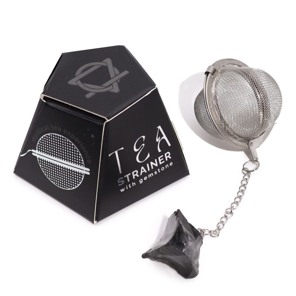 Passoire à thé en acier inoxydable avec pierre d'obsidienne noire brute suspendue, avec son coffret pyramidal - Lumen Arca