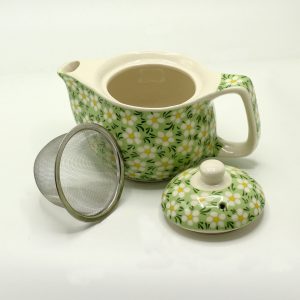 Petite théière en céramique motif marguerites vertes avec filtre métallique amovible - Lumen Arca