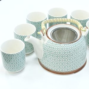 Service à thé motif mosaïque vert en céramique, théière avec passoire et six tasses assorties - Lumen Arca