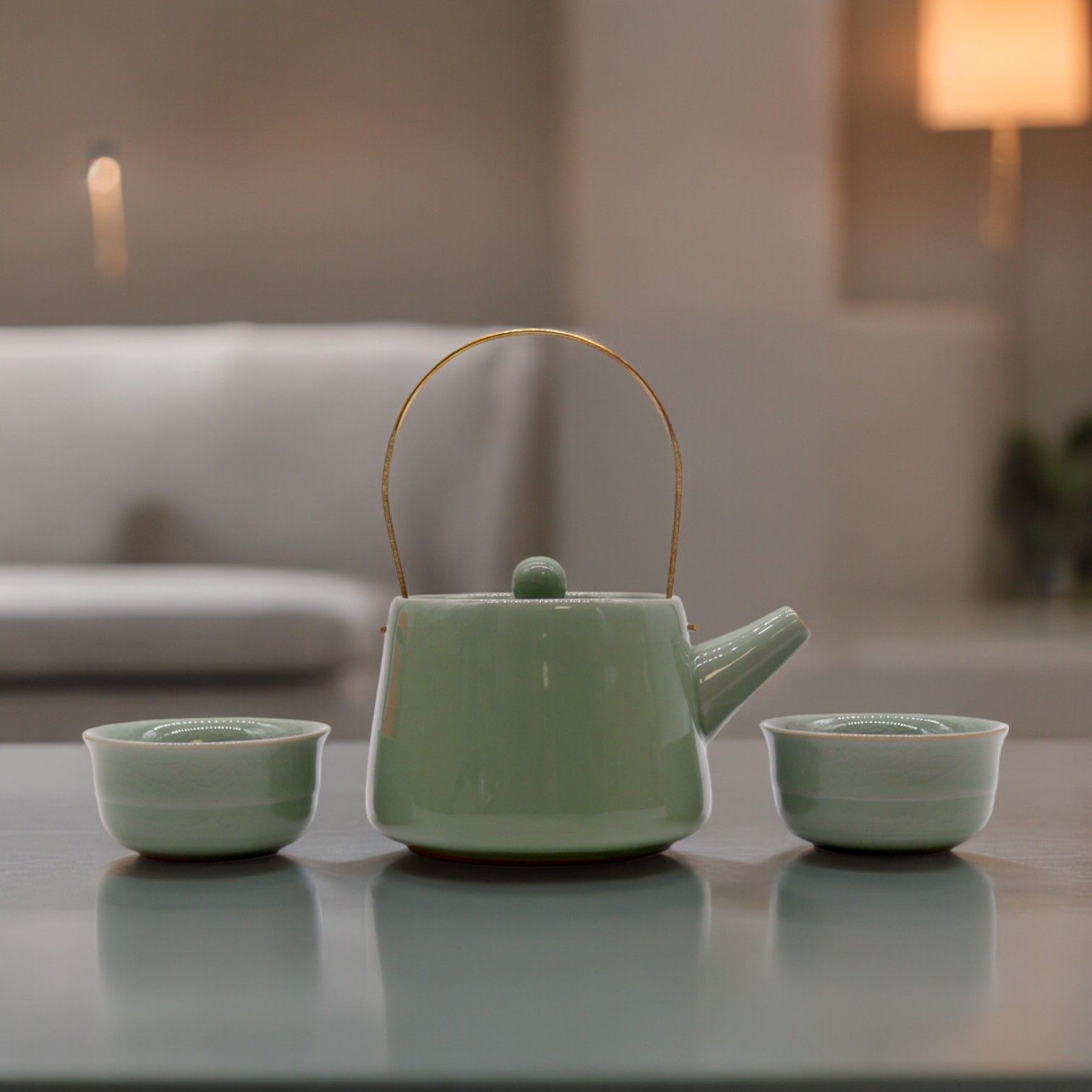 Service à Thé Vert Jade avec Anse Dorée – Théière et 2 Tasses – Image 3