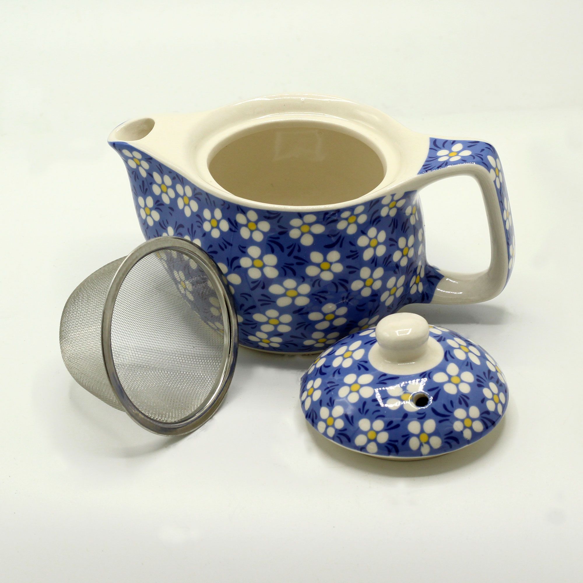 Petite théière en céramique motif marguerites bleues avec filtre métallique amovible - Lumen Arca