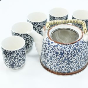 Service à thé motif bleu en céramique, théière avec passoire et six tasses assorties - Lumen Arca