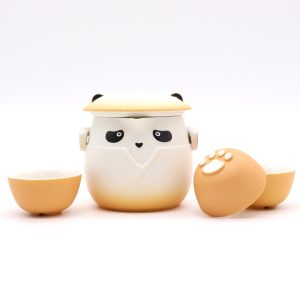 Service à thé panda en céramique orange, théière et tasses en forme de patte