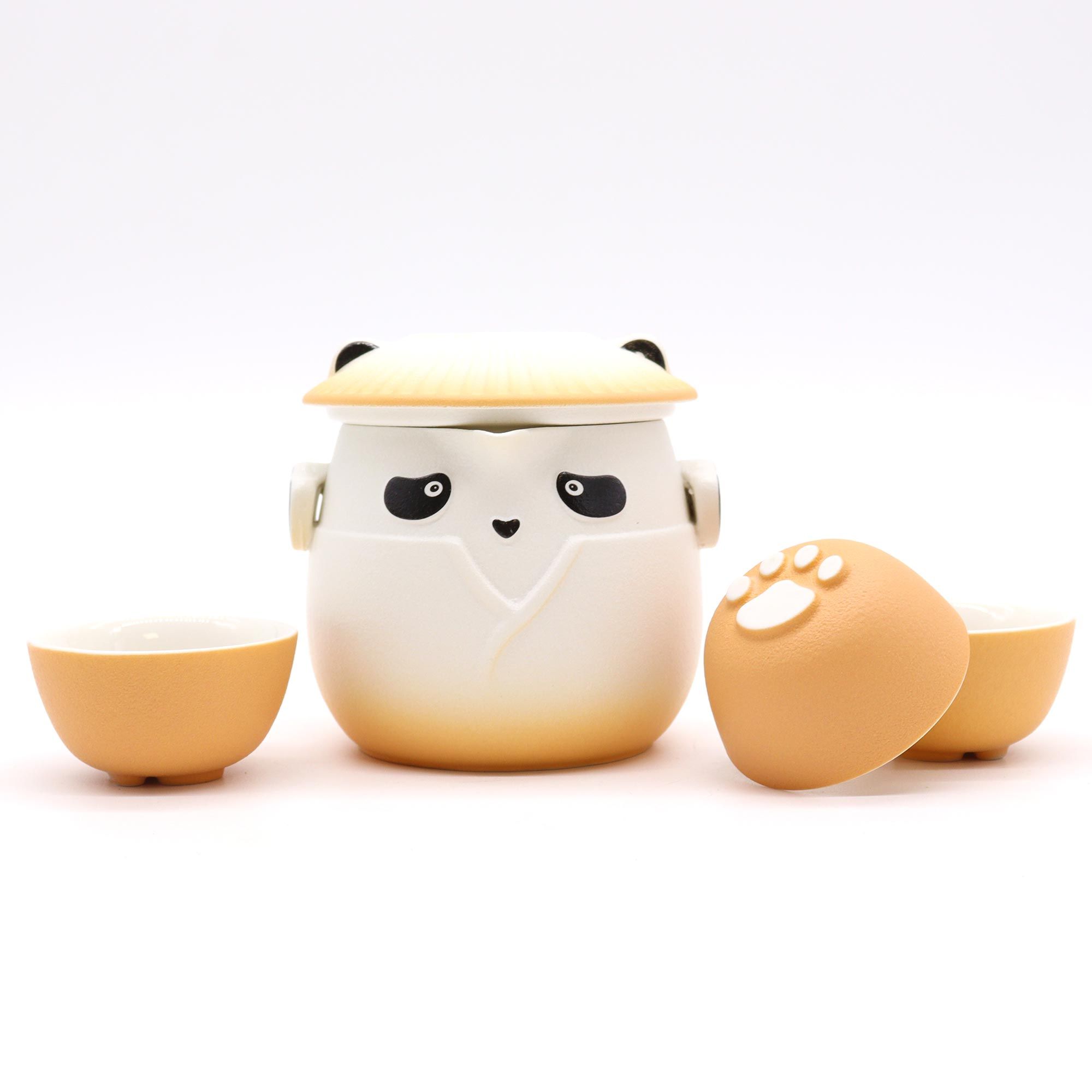 Service à thé panda en céramique orange, théière et tasses en forme de patte