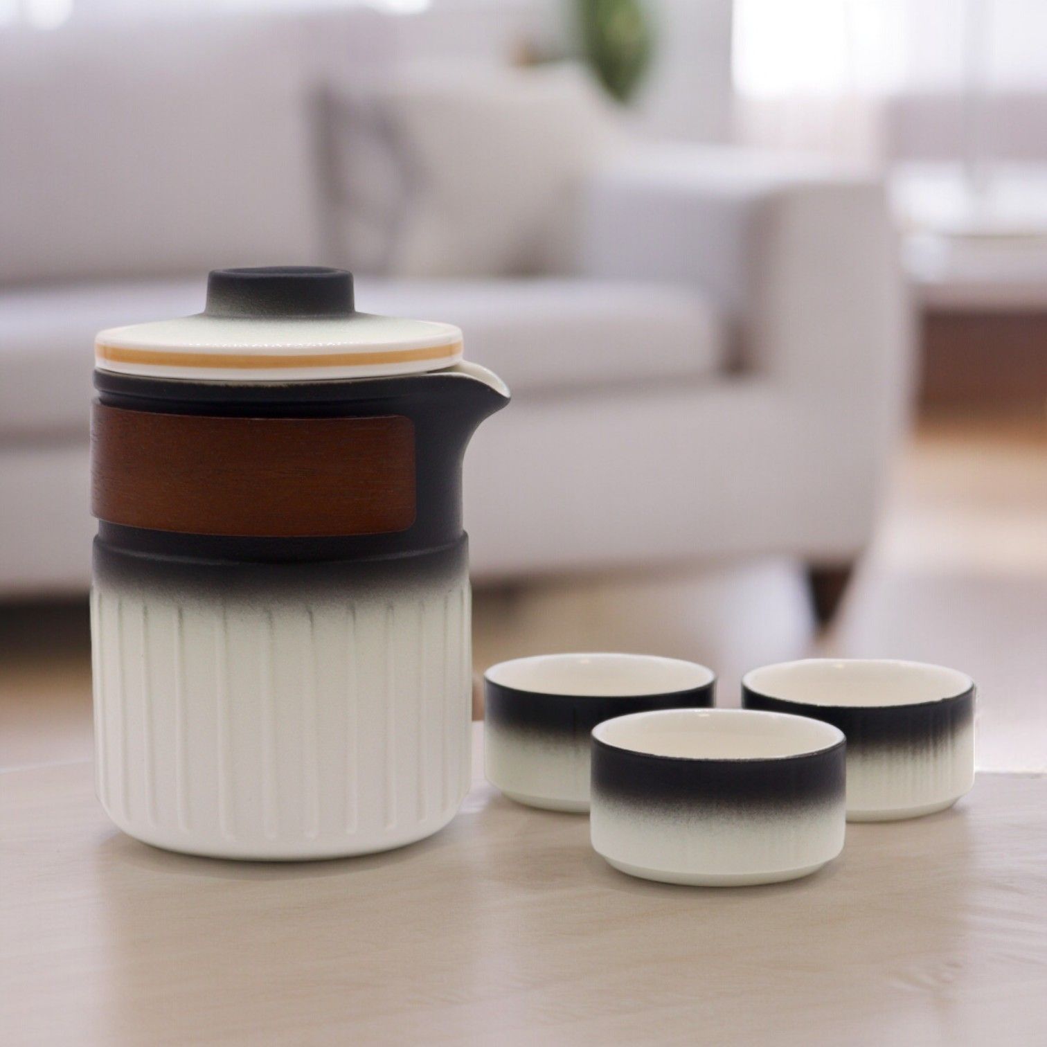 Service à Thé de Voyage, Dégradé Noir et Blanc – Théière et 3 Tasses – Image 5