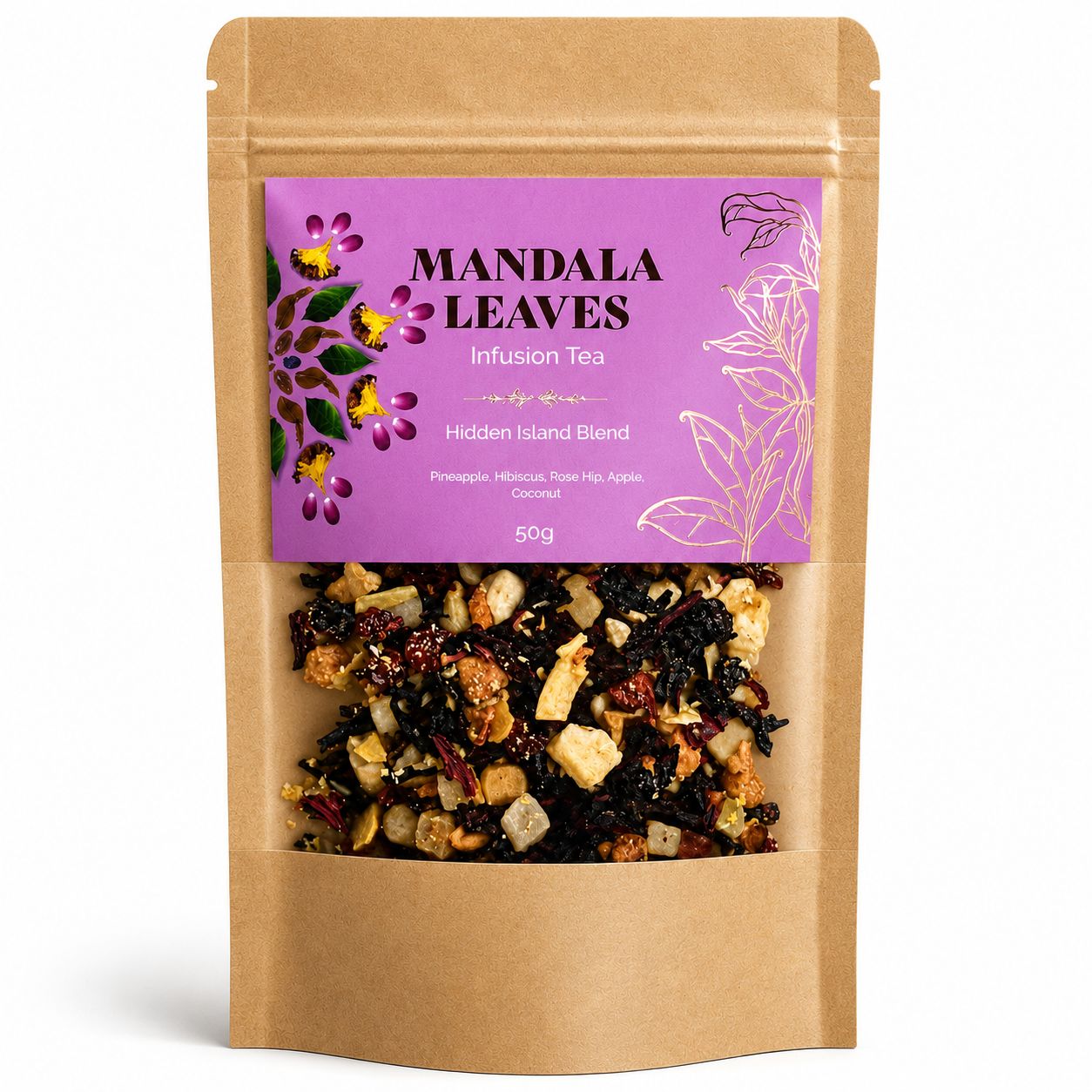Sachet kraft refermable 50 g d'infusion ananas et noix de coco Mandala Leaves - Lumen Arca