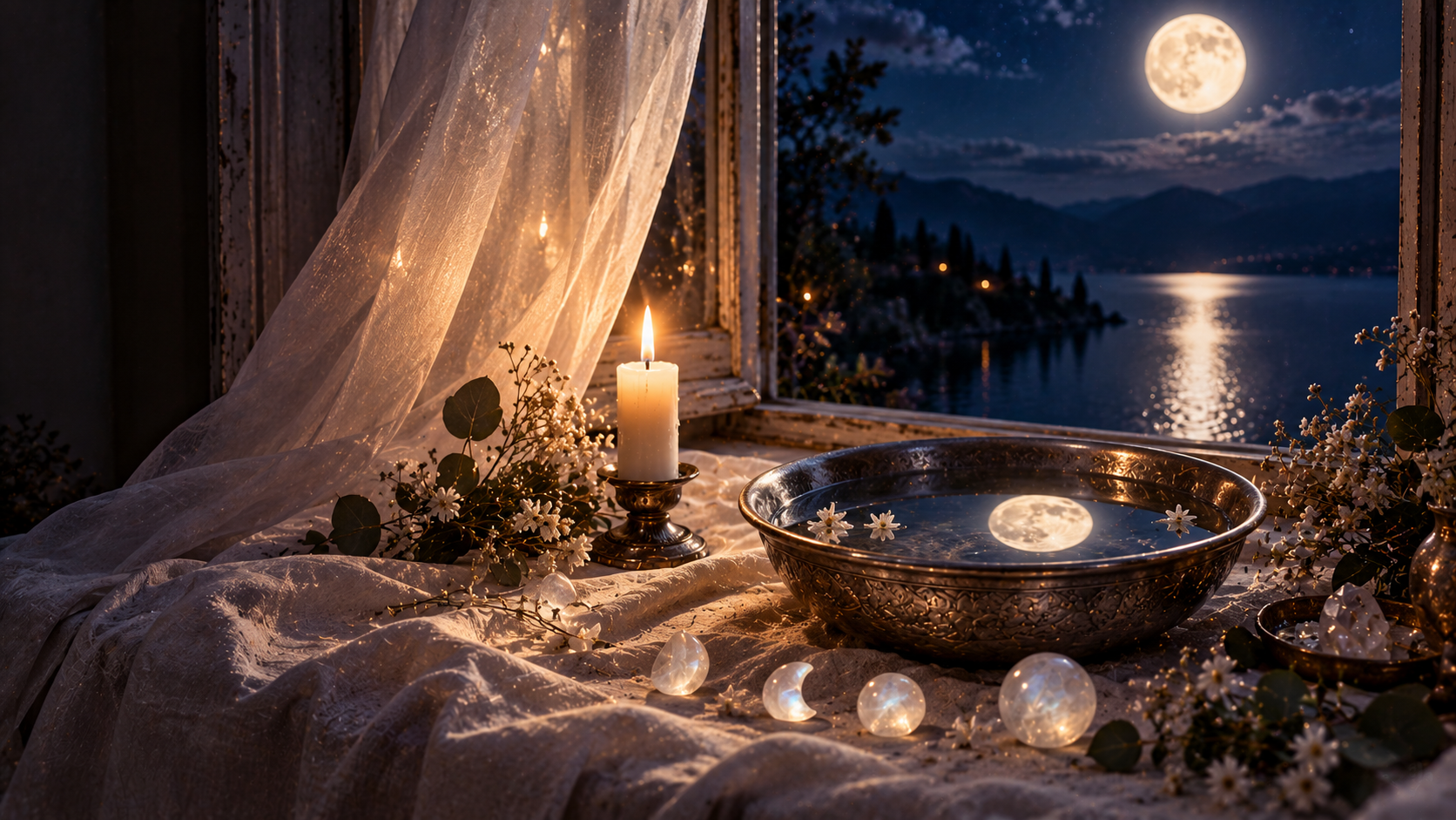 La lune et le cycle féminin, bol d'eau reflétant la pleine lune entouré de pierres de lune — Lumen Arca