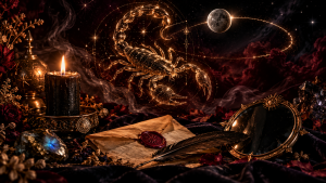 Saison du Scorpion et Mercure rétrograde 2026, constellation dorée du Scorpion et lettre cachetée — Lumen Arca