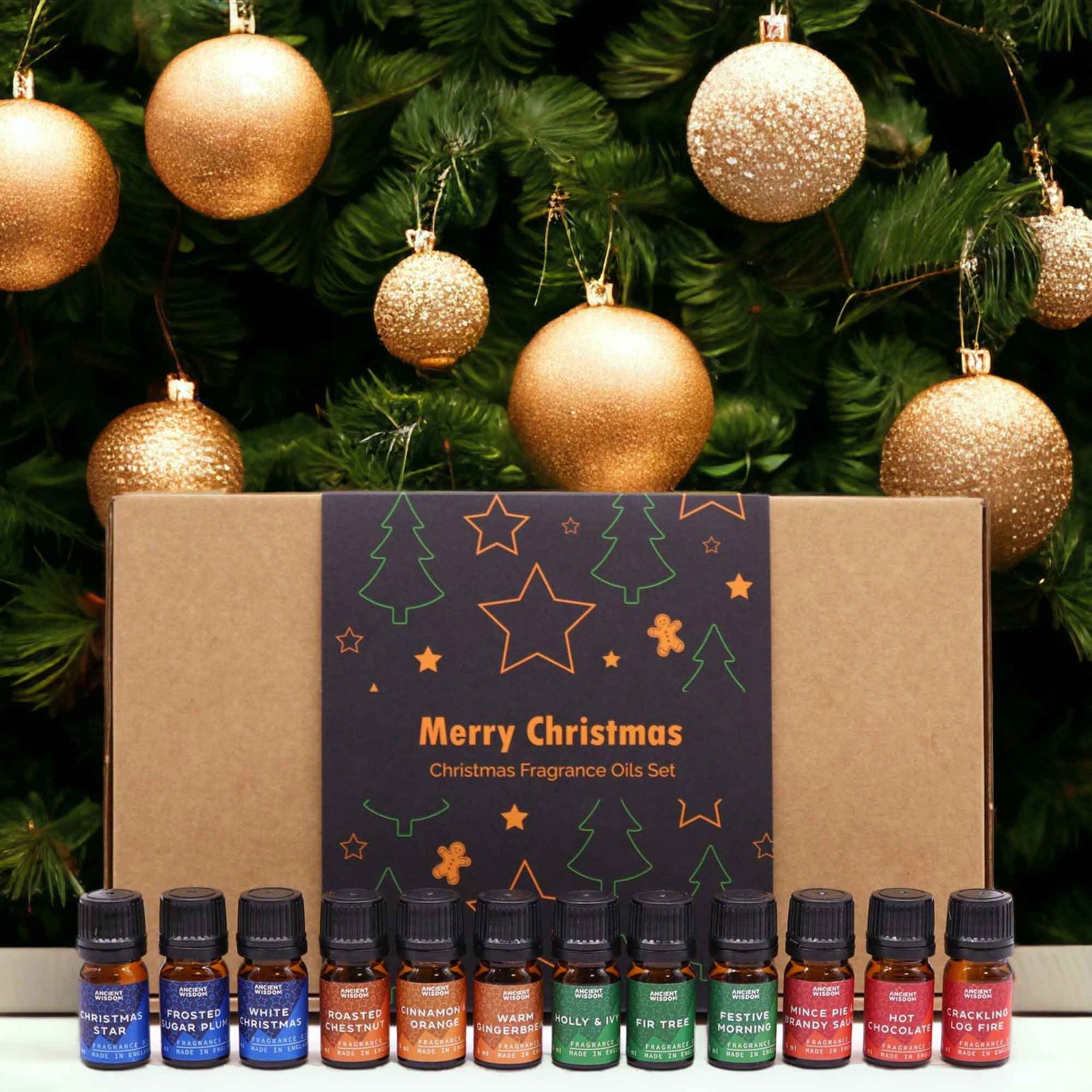 Coffret de 12 huiles parfumées de Noël Délices Festifs avec flacons 5 ml et compte-gouttes