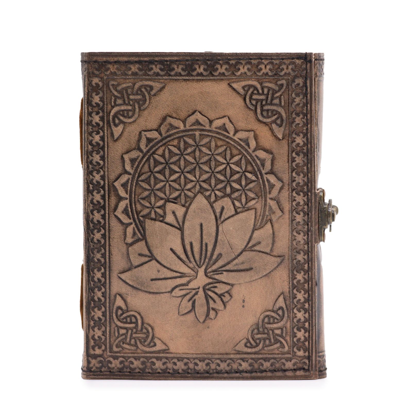 Carnet Lotus Mandala, grimoire en cuir gris antique 200 pages